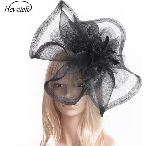 Women Lady Large Fascinators Hair Clips Handmade Feathers Veil Netting Hair Pins Headwear Party Cocktail Wedding Hat Black/Blue