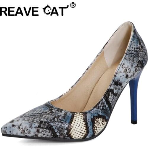 REAVE CAT New 2021 Women Pumps Pointed Toe 10cm Thin Heels Snake-Skin Sexy Stylish Cool Multi Colors Big Size 48 Party A3723