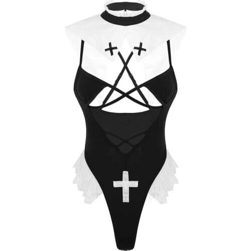 Womens Erotic Sexy Lingerie Set One Piece Deep V Front High Cut Thong Leotard Bodysuit with Neck Collar Women Coaplay Costume