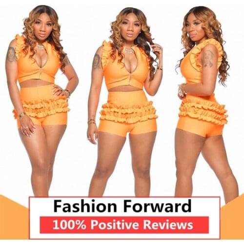 Womens Fashion Casual Two Piece Ruffled Sleeve Shorts Set