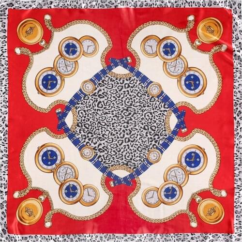 POBING Women Scarf Luxury Leopard Watch Print Hijab Silk Satin Shawl Foulard Square Head Scarves Lady NeckChief Wraps 90x90CM
