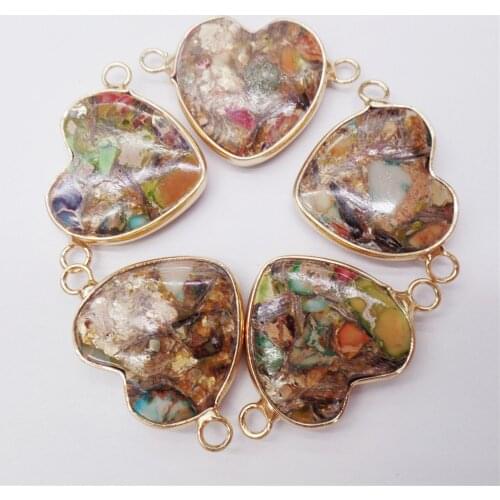 5Pcs 27x15x6mm Alloy Serging Colourful Sea Sediment Jasper & Pyrite Love Heart Pendant DIY Jewelry Bracelet Accessories M464