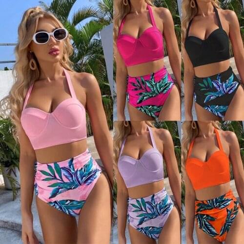 High waist bikini 2021 Leaf print swimsuit women Push up swimwear female Halter bathing suit Vintage swimming suit biquini