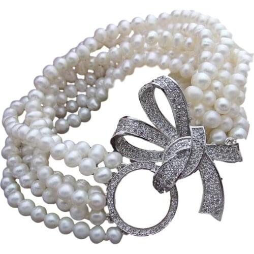 YYGEM 8" 6 Strands Round Cultured White Freshwater Pearl Bracelet Cubic Zirconia Pave Clasp