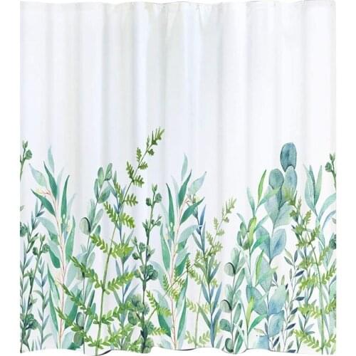 Shower Curtain with 12 Hooks Leaves Curtain Washable Textile Children Bathtub Digital Printing, 180X180 cm White Green