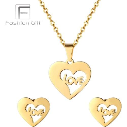 FGifter Fashion Engagement Wedding Jewelry Gold Color Love Heart Earrings Necklace Gilded Jewelry Set for Women New Year Gifts