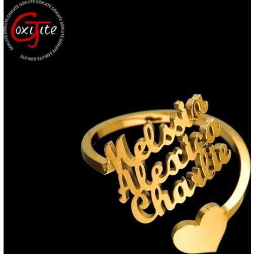 Goxijite Custom Multiple Name Heart Ring For Women Personalized Stackable Letter Names Adjustable Rings Best Jewelry Gift