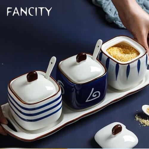 FANCITY Japanese style seasoning pot ceramic set kitchen household seasoning jar with lid combination seasoning bottle sugar oil