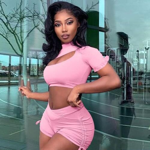 Sexy 2 Piece Outfits for Women Party Club Ruffle Short Sleeve Hollow Out Crop Top Shorts Sweat Suit Fitness Sporty Matching Sets