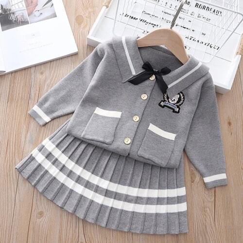 Baby Girls Knitted Clothing Sets Fashion Kids Preppy Bowknot Cardigan Tops + Pleated Skirt 2Pcs Outfits Princess Knitwear 1-6Y