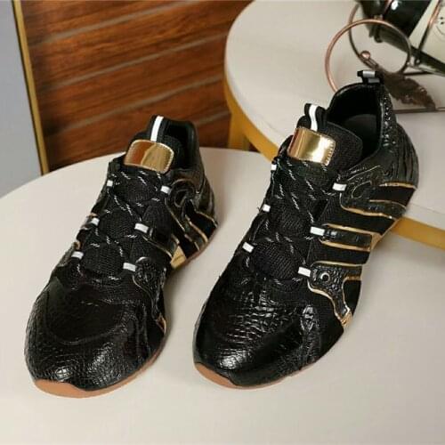 Authentic Real Alligator Skin Black Gold Color Mens Soft Sneakers Genuine Crocodile Leather Male Lace-up Flats High-lift Shoes