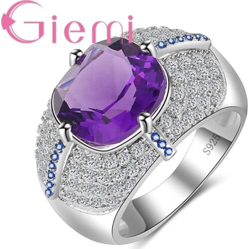 Square Purple/Light Blue Round Jewelry Rings 100% Pure Silver Crystal Rings For Mother Best Statement Birthday Gifts