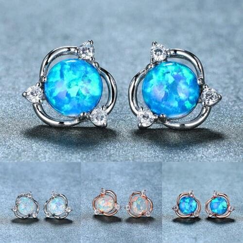 Cute Female White Opal Earrings Trendy Rainbow Round Zirconia Stud Earrings For Women Dainty Bridal Wedding Earrings
