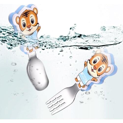 Cartoon Tiger Stainless Steel Non-slip Baby Training Tableware Cutlery Fork Spoon Set Solid Food Feeding for Kids Children Gift