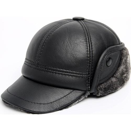 2018 Black Brown Genuine Leather Male Winter Warm Hat 2018 Brand Cowskin Visor Cap Senior Men Ear Protection Baseball Hat Caps