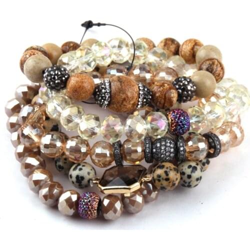 Fashion Jewelry Beautiful 5pc Yelloy Women Bracelet Set Natural Stone & Glass Crystal Pave Bracelets