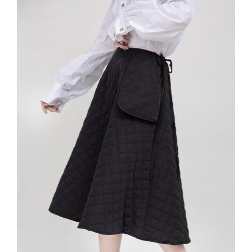 Pure Color Check Large Pocket Cotton Skirt Autumn and Winter Warm A-Line Skirt for Women