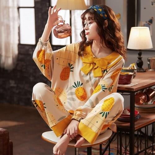 Pajamas Women Summer Cotton Long Sleeve Pants Sweet And Lovely Students Loose Homewear Suit