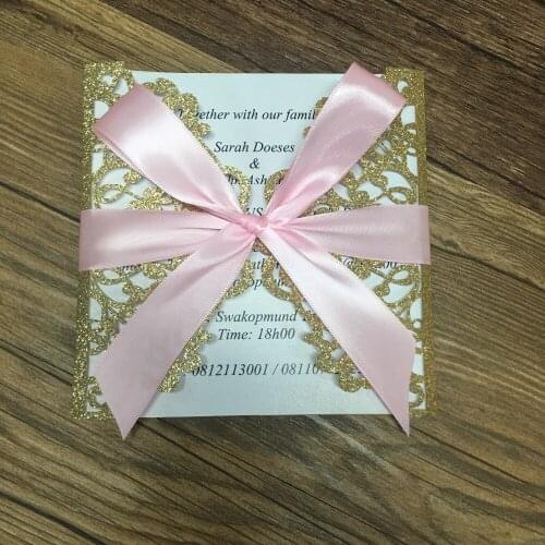 Luxurious personalize lace laser cut wedding invitations with pink ribbon wedding gift greeting cards model