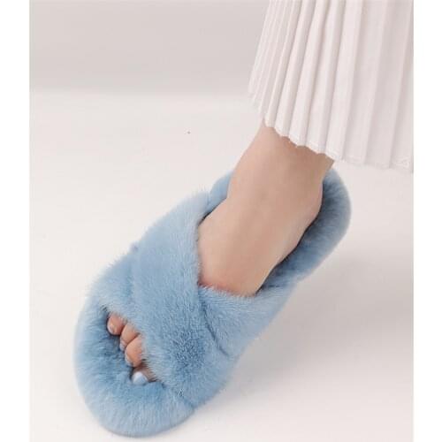 Luxury Mink Hair Womens Slippers High-grade Rabbit Hair Insole Simple Cross Hair Slippers Soft Comfortable Flat Bottom Sandals