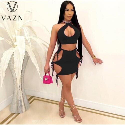 VAZN 2021 Summer Holiday Sleeve;less Bandage Solid Shinny Thin Suits 2 Piece Set Women Top And Pant