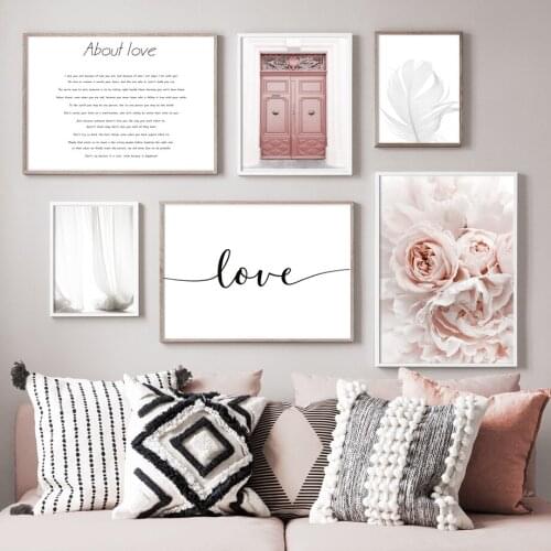 Pink Door Marble Rose Curtain White Flowers Feather Nordic Poster Wall Art Print Canvas Painting Decor Pictures For Living Room