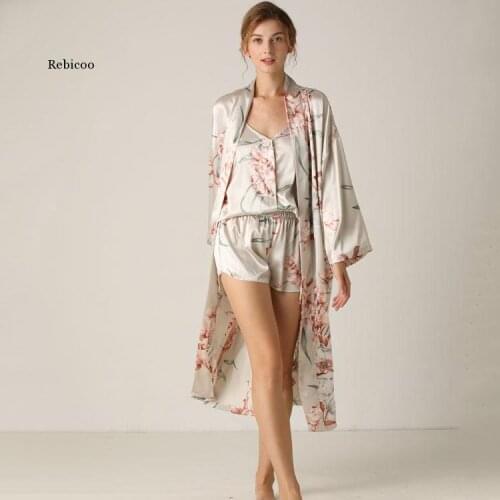 Women Print Flower 3Pcs Suit Sleepwear Sexy Satin Kimono Gown Bathrobe Intimate Lingerie Nightwear Silky Nightgown