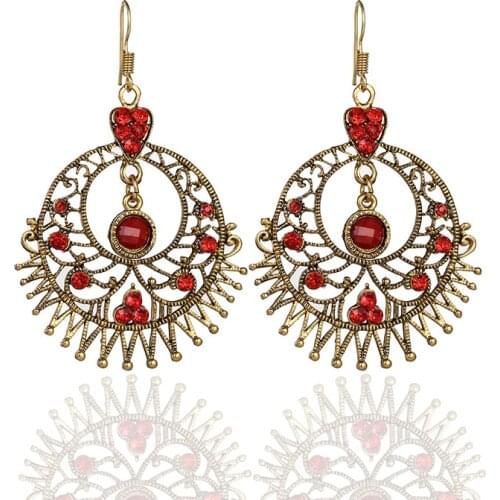 Retro Womens Exaggerated Large Round Hollow Alloy Earrings Hanger Bohemia Red Crystal Rhinestone Wedding Earings Indian Jewelry