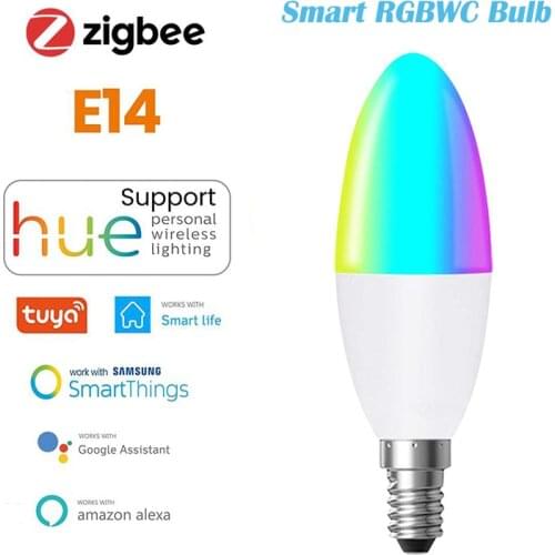 Zigbee 3.0 E14 Smart LED Candle Light Bulb RGBWC Dimmable Timer Work with SmartThings Echo Plus Alexa,Tuya Smartlife APP Control