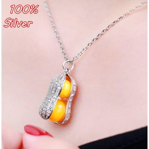 925 sterling silver Color plated white gold peanut shell pendant empty 7mm 8mm support inlaid beeswax amber ball pendant