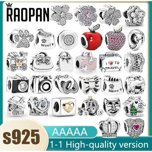 RAOPAN brand new cute camera cherry blossom grass apple tote bag bracelet diy beads 925 sterling silver zircon jewelry