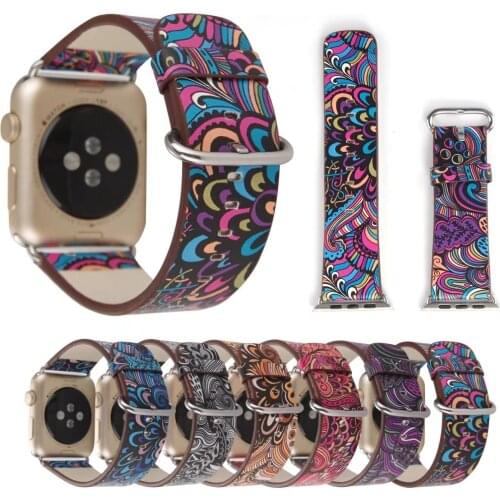Colorful Flower Leather Strap for Apple Watch Series 3 2 1 Band National Folk Style Floral Bracelet for iWatch Watchband Adapter