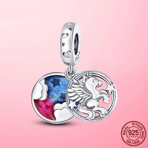 Hot Sale 925 Sterling Silver Magical Unicorn Double Dangle Charm Licorne Beads fit Pan Bracelet Original Silver 925 Jewelry
