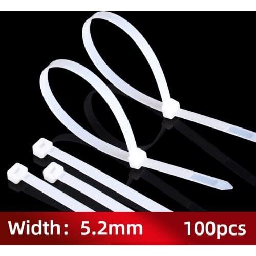 ZYCN 100Pcs Width 5.2MM Nylon Cable Tie Self Locking Black White Fasten Loop Various Specifications 8x200/250/300MM Plastic Wire