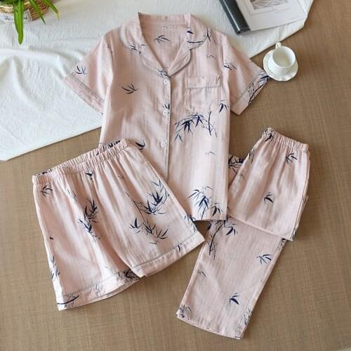3PCS Women Cotton Sleepwear Loose Pajama Pijamams Suit Casual Female Shirt&Pant&Shorts Sleep Set Print Flower Home Nightwear