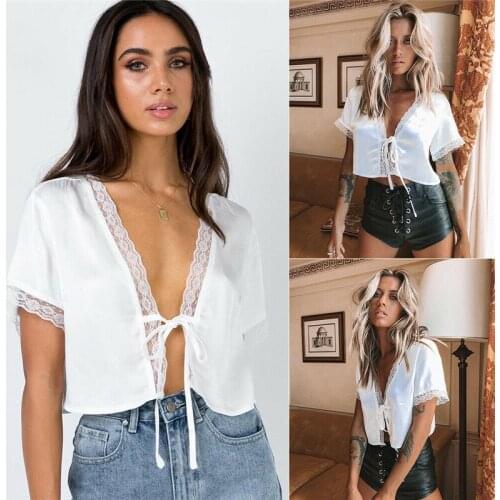 Fashion Womens Tops and Blouses Sexy Open Lace-up Chiffon Blouse Short Sleeve Solid White Deep V-Neck Floral Lace Summer Beach
