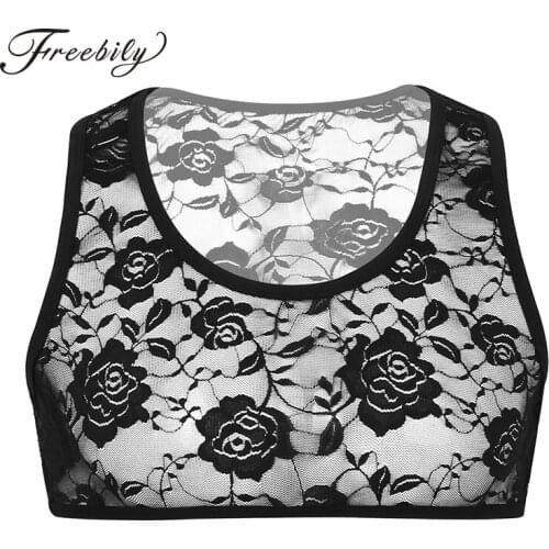 Mens Sissy See Through Sheer Top Sleeveless Stretchy Floral Lace Short Vest Muscle Bodybuilding Crop Tops Nightwear Sleepwear
