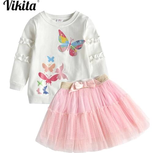 VIKITA Kids Autumn Spring Clothing Sets for Girl Butterfly Long Sleeve Cotton Tops T shirt and Bow-knot Mesh Skirts Kids Outfits