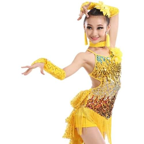 Girl latin dance dress for girls costumes kids clothes ballroom competition dresses fashion leotard sequined tassel salsa