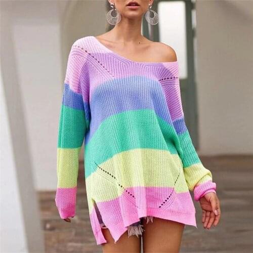 Casual Plus Size Multicolor Knitted Autumn Winter Pullover Striped Female Clothes Oversize Rainbow Sweater for Womens