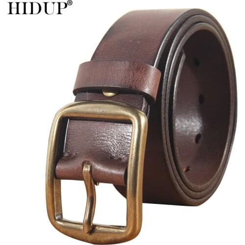 HIDUP Top Quality Solid Cowhide Leather Belt Retro Casual Styles Brass Pin Buckle Metal Belts for Men Jeans Accessories NWJ939