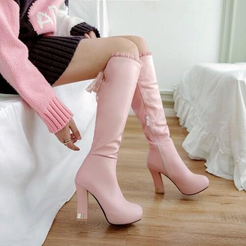 YMECHIC 2018 Fashion Sweet Pink White Ribbon Cross Tied Lace Ruffles Platform Knight Riding High Heels Knee High Boots Shoes 43