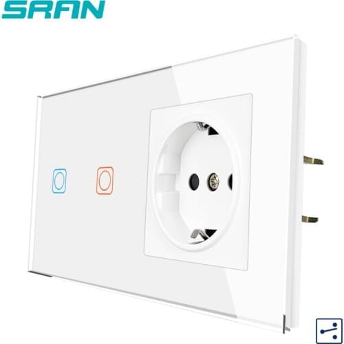 SRAN Touch Sensor Switch With Socket Glass Panel 153*82mm 220V 16A Cross Switch,Pass Through Control 2Gang 2way Touch Switch