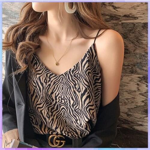 Zebra Pattern Halter Camisole Women V-neck Tank Tops Sexy Vest Stripe Corset Tube Top Female Off Shoulder Strap Basic Camis