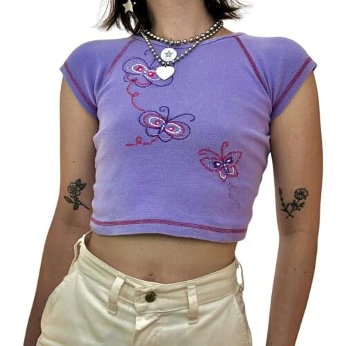 Ladies Summer Round Collar T-shirt Girls Creative Butterfly Embroidery Short Sleeve Midriff-baring Tops Slim Base Shirt