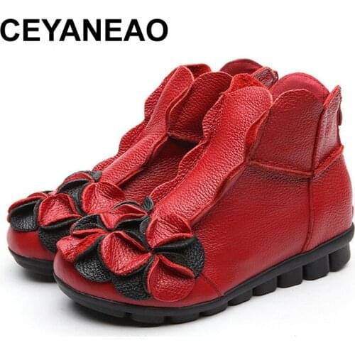 CEYANEAO 2018Women Genuine Leather Boots For mom Handmade Vintage Flower Ankle Botines Flat Bottom Shoes Woman
