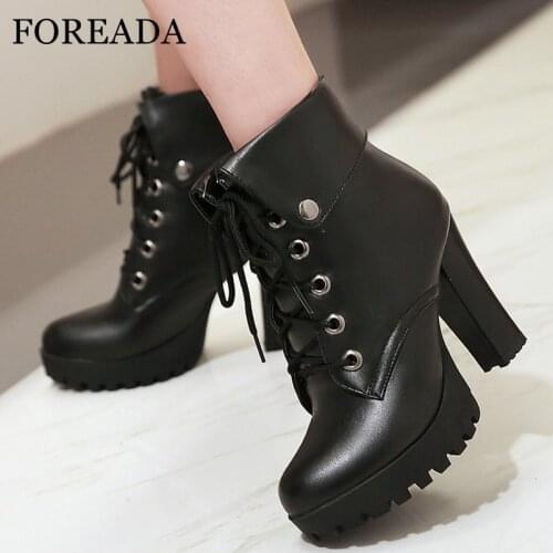 FOREADA Woman Motorcycle Boots Platform Thick Super High Heel Shoes Round Toe Lace Up Ladies Short Boots Winter 34-43 Brown