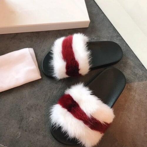 2019 Summer Fashion Women Real Mink Fur Slippers Platform Flats Outside Footwear Striped Plush Slides Shoes Plus Size Slippers
