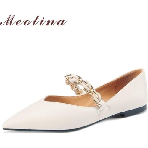 Meotina Natural Genuine Leather Mary Janes Shoes Pointed Toe Flats Shoes Causal Chain Ladies Footwear Autumn Beige Black 33-40
