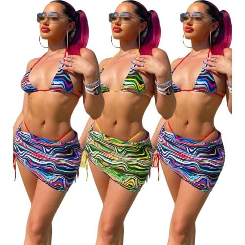Striped Print Bikini Set Swimsuits Women Summer Beachwear Halter Crop Top Thongs Cover Up 3 Piece Set Sexy Matching Sets